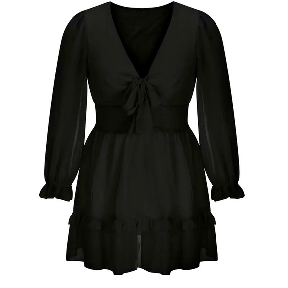 Black Mini Dress Lantern Sleeve Bow Knotted in size Medium - Picture 2 of 3